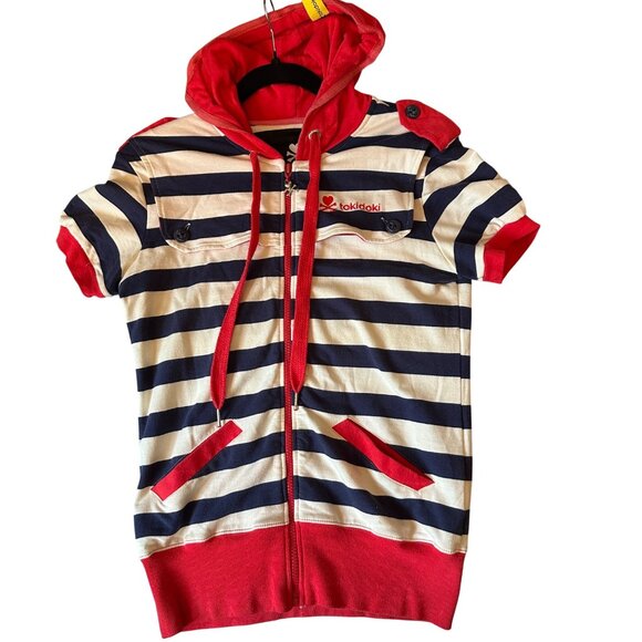 Tokidoki Striped Short Sleeve Hoodie With Red Accents & Pirate Graphic - Picture 1 of 12